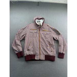 Live Mechanics Jacket Mens XL Burgundy White Gingham Hooded Bomber Streetwear